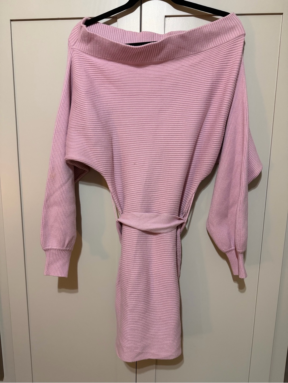 Pink Ribbed Off-Shoulder Women's Sweater Dress